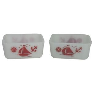 2 McKee Glass Red Sailboat Refrigerator Storage NO LIDS - Milk Glass White
